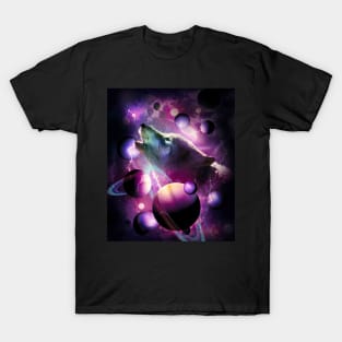 Cosmic Wolf Howling At Moon In Space T-Shirt